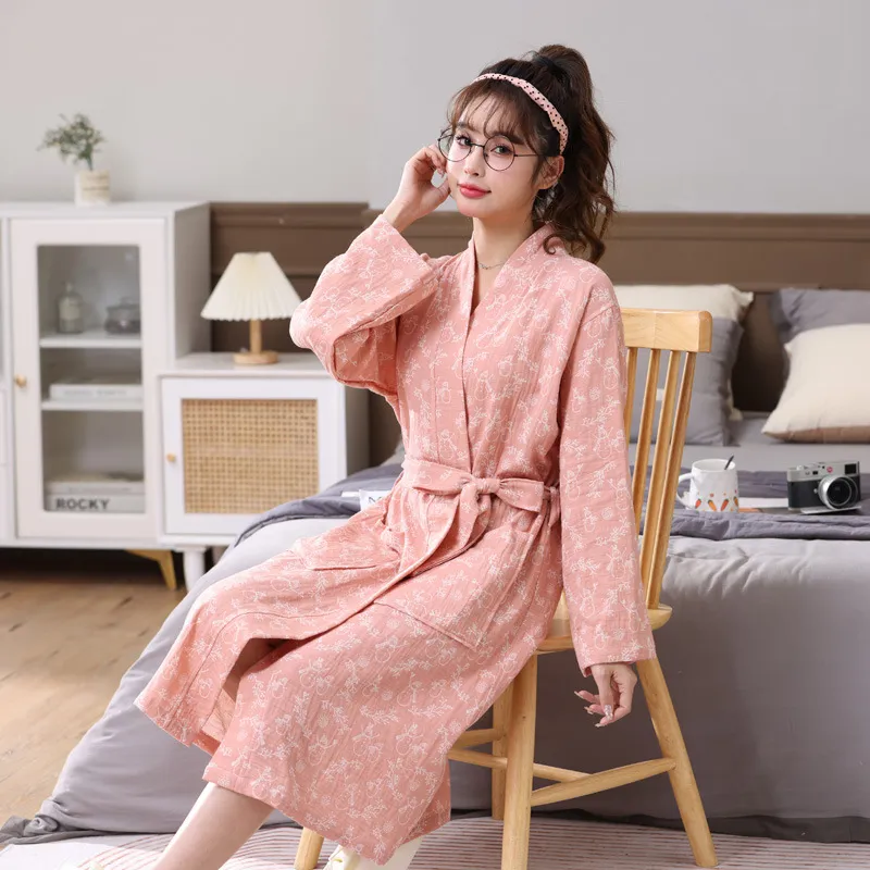 Women Cotton Double Layer Gauze Robe Long Sleeve Printed V-Neck Pajamas Thin Absorbent Fast Drying Loungewear Bathrobe With Belt