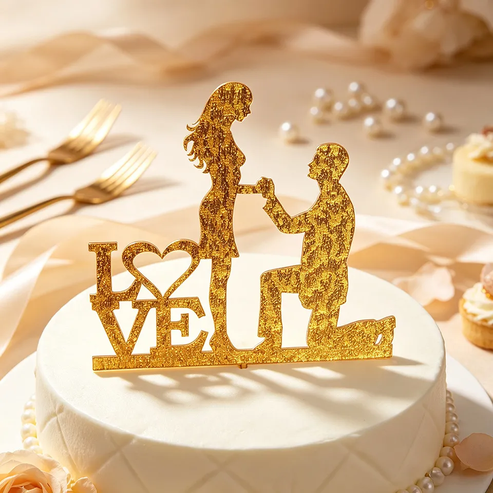 Cake Topper per Matrimonio in Acrilico Glitterato Oro Amore Proposta Decorazione per Torta per Feste di Matrimonio