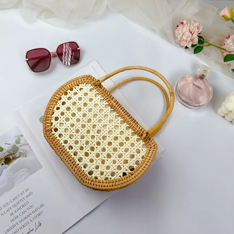 Borsa a Mano Intrecciata in Rattan Fatta a Mano Vintage Francese Paglia Borse per Donna Vacanze Spiaggia Viaggi Estate