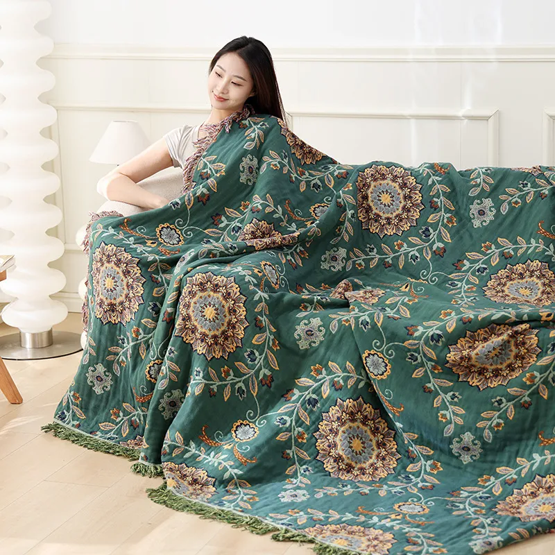 Pure Cotton Gauze Towel Blanket Vintage Floral Fringe Sofa Cover Throw Blanket Single Double Bed Summer Air Conditioning Quilt