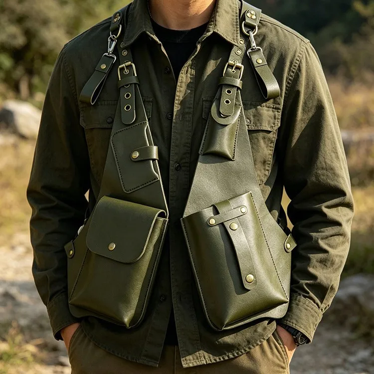 Men Multi-Function Tactical Chest Bag PU Leather Waterproof Retro Outdoor Sports Backpack Harness Vest Bag
