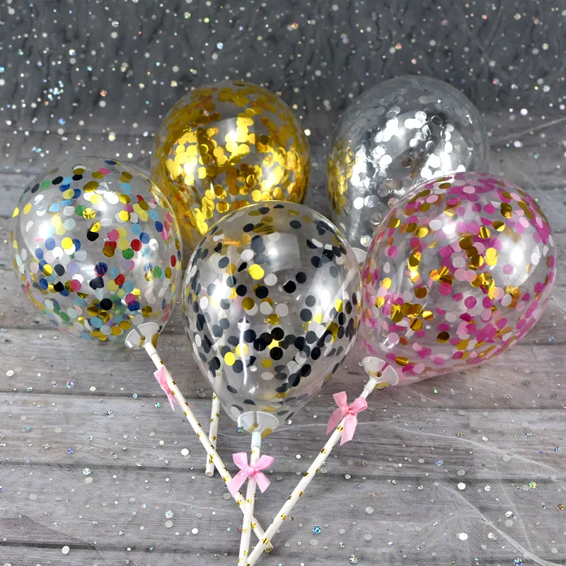 Birthday Cake Decoration Balloon Insert Sequin Clear Balloon With Paper Stick And Bow Party Dessert Table Topper