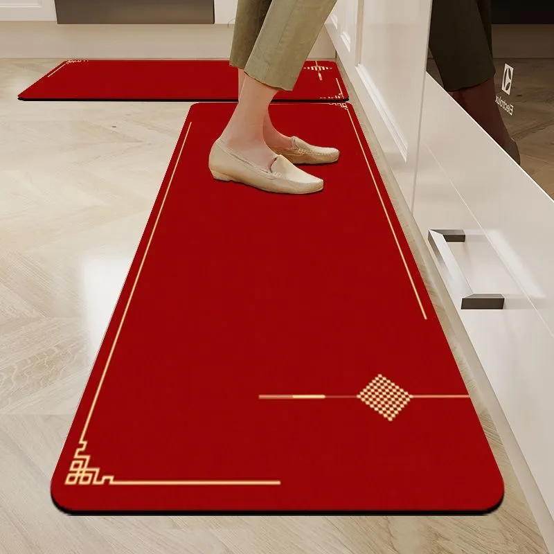 New Chinese Style Red Kitchen Floor Mat Non-Slip Absorbent Rug Traditional Auspicious Pattern Hallway Carpet Home Decor