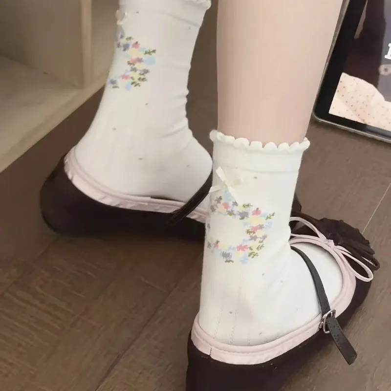 Damen Süße 3D Schleife Blumen Baumwolle Wadenhohe Socken Süß Preppy Stil Casual Bequem Atmungsaktiv Jacquard Gestapelte Socken