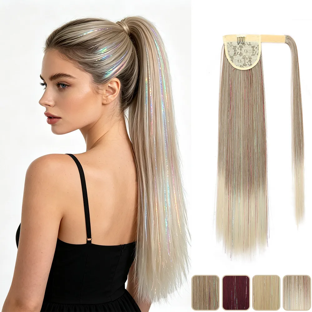 Extension de Cheveux Queue de Cheval Longue et Raide Avec Fibre Laser et Velcro Postiche Synthétique pour Femmes Coiffure de Fête