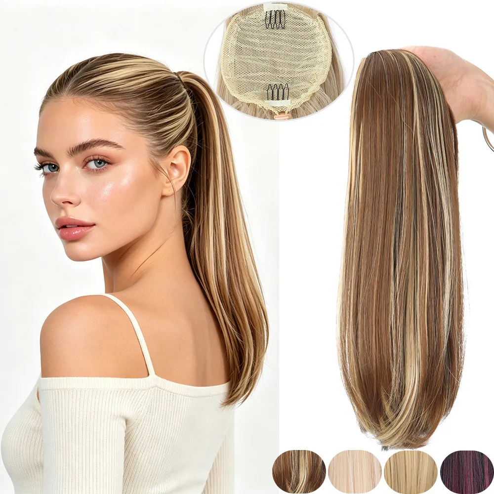 Femmes Synthétique Haute Température Fibre Cordon Queue de Cheval Lisse Perruque Longue Boucle Intérieure Quotidien Fête