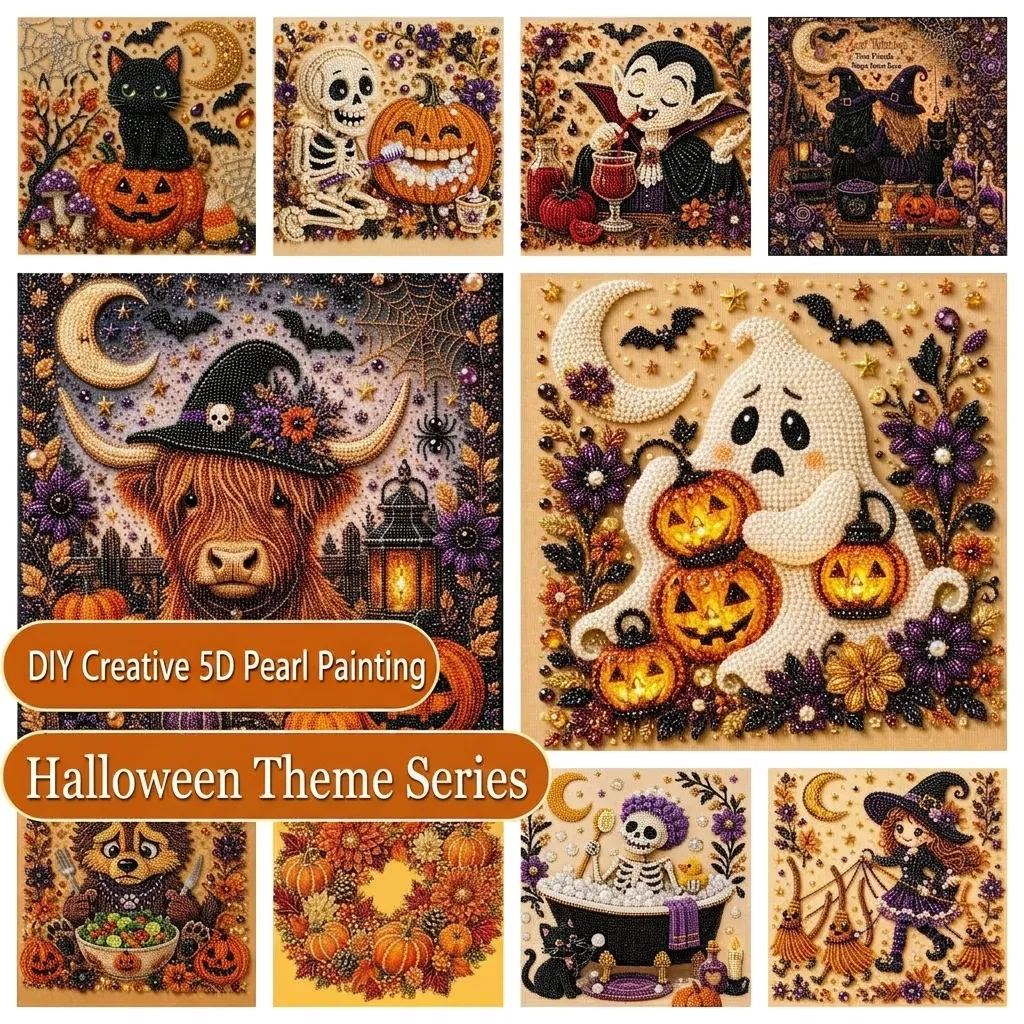 Kit de Pintura de Diamantes DIY Calabaza Bruja Gato Negro de Halloween Resina Acrílica Perla Strass Arte de Pared Decoración del Hogar Regalo