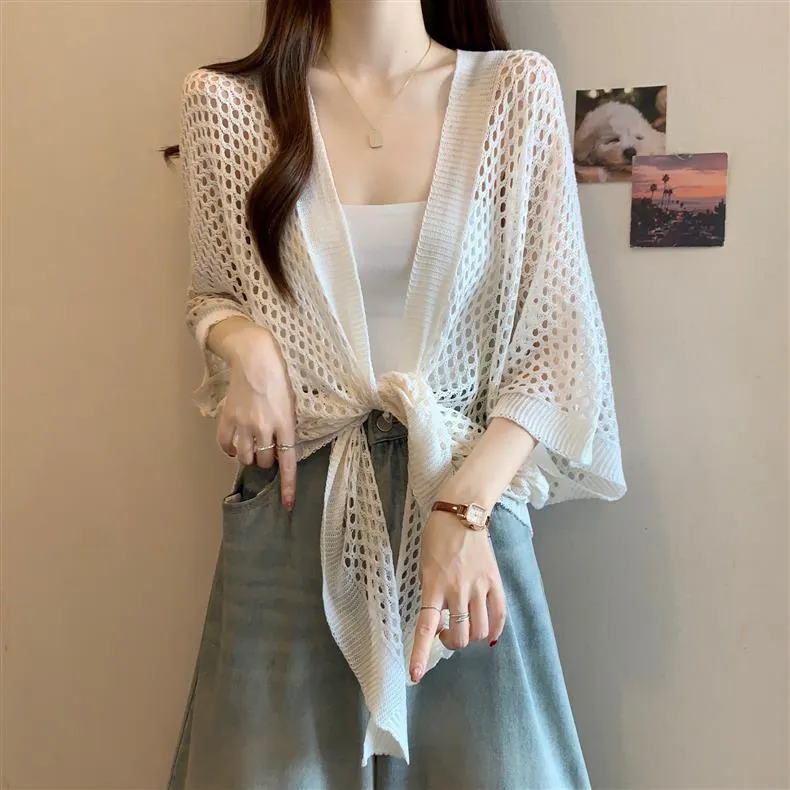 Women Plus Size Ice Silk Cardigan Summer Thin Hollow Out Knit Shawl Sun Protection Batwing Sleeve Elegant Blouse Top