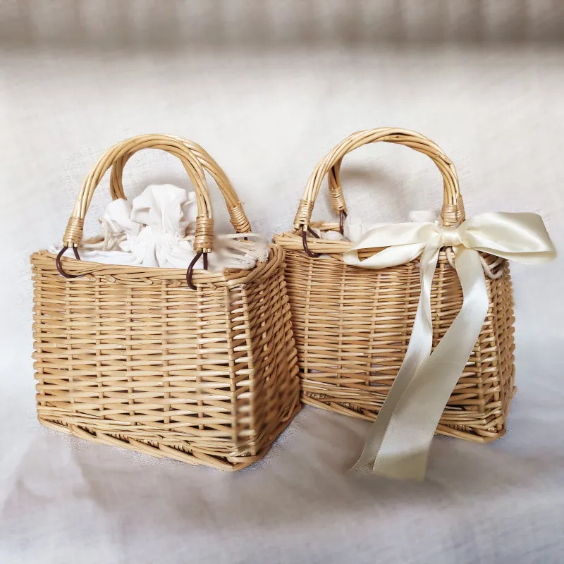 Borsa a Mano Tessuta in Paglia da Donna Estate Spiaggia Vacanza Piccola Borsa Tote Quadrata con Fiocco in Nastro Borsa in Cesto di Vimini Casual