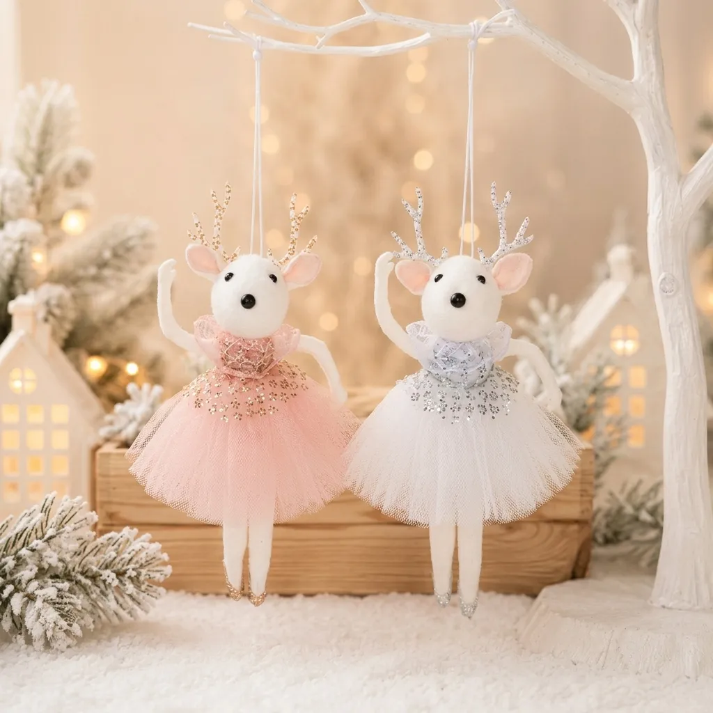 Christmas Tree Hanging Ornament Cute Plush Mesh Skirt Golden Antlers Deer Mouse Doll Holiday Party Home Decoration