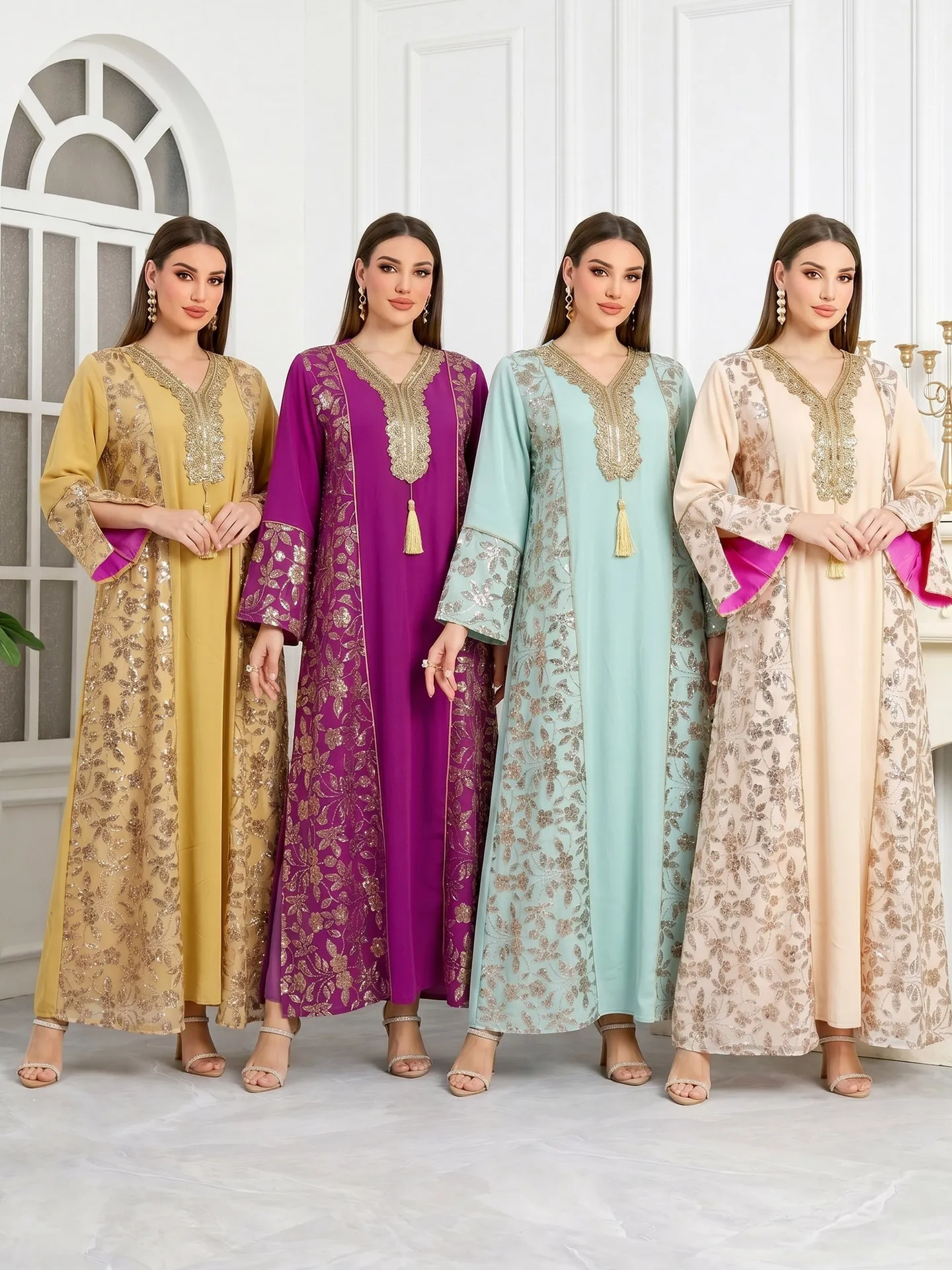 Abito Kaftan Lungo con Manica Lunga e Scollo a V da Donna Largo Elegante Ricamato con Paillettes Metalliche Abito Maxi Festa Etnica