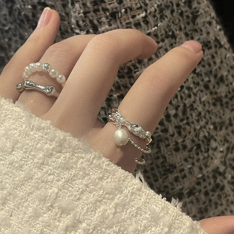 Damen Unregelmäßiger Offener Ring Kupfer Künstliche Perle Doppellagiger Anhänger Geometrischer Sweet-Cool Stil Fingerring Schmuck