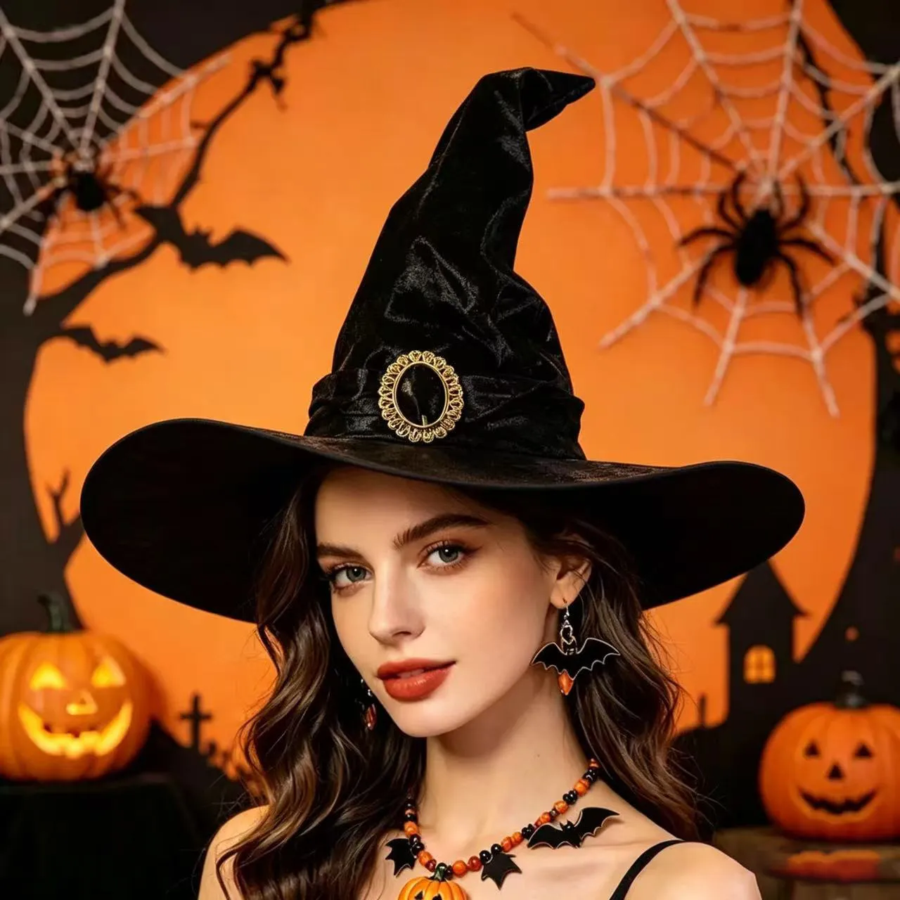 Cappello da Strega di Halloween Magia Costume Cosplay Party Hat Tessuto Nero Fibbia Dorata Festival Party Copricapo