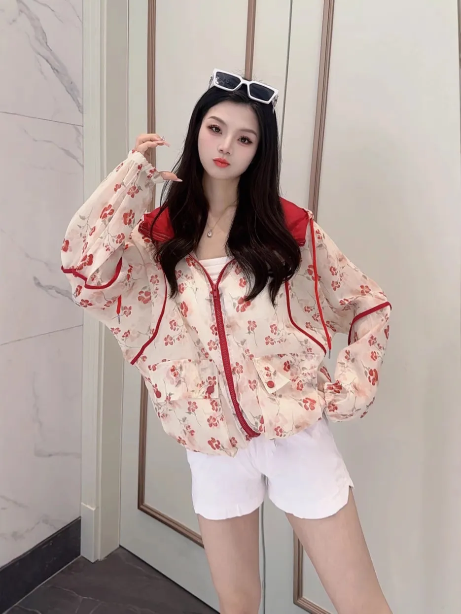 Women's Casual Sun Protection Jacket Floral Print Lightweight Hooded Outerwear Contrast Color Patchwork Zip Up Top