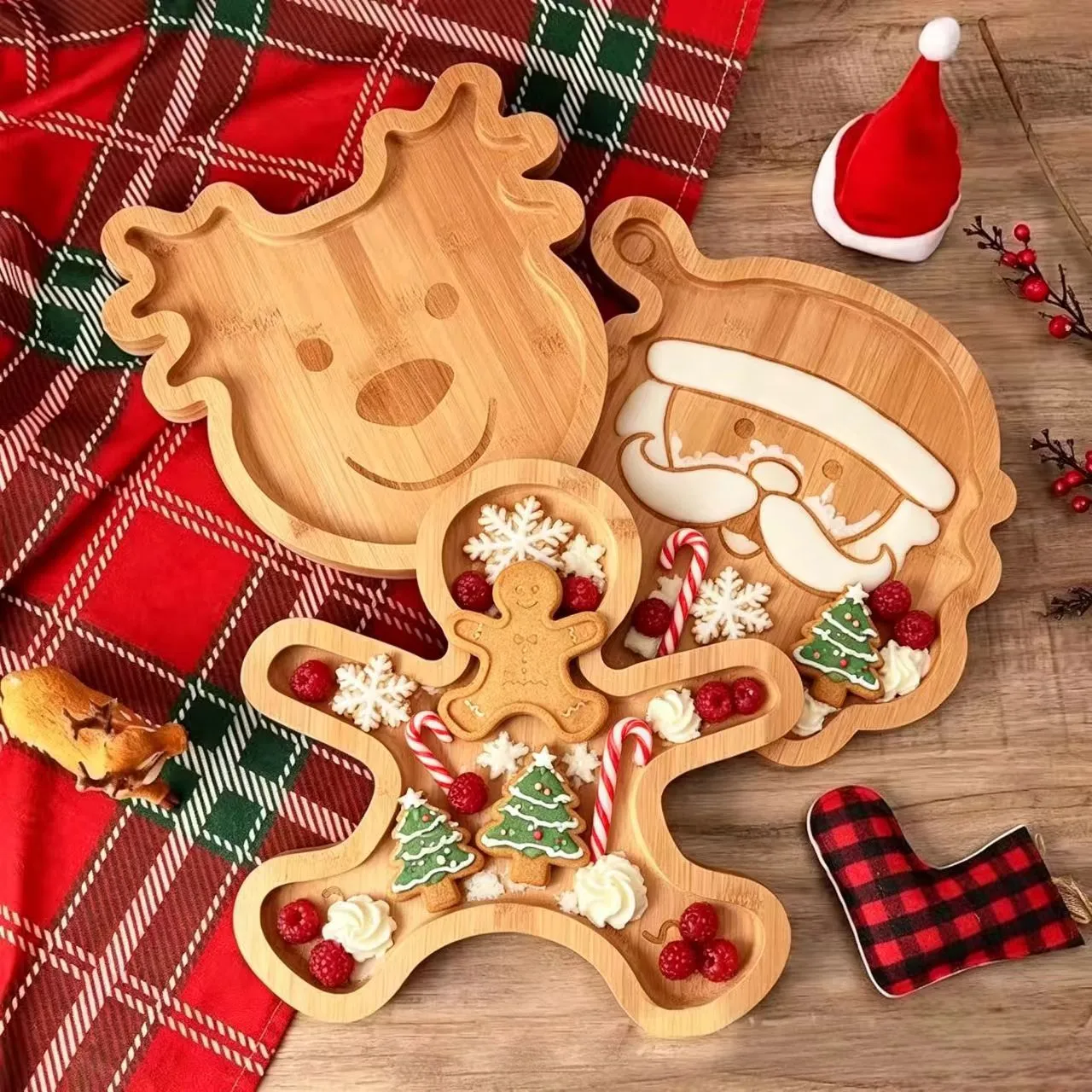 Weihnachten Cartoon Bambus Tablett Weihnachtsmann Lebkuchenmann Rentier Festliche Party Dessert Speiseteller Foto-Requisite