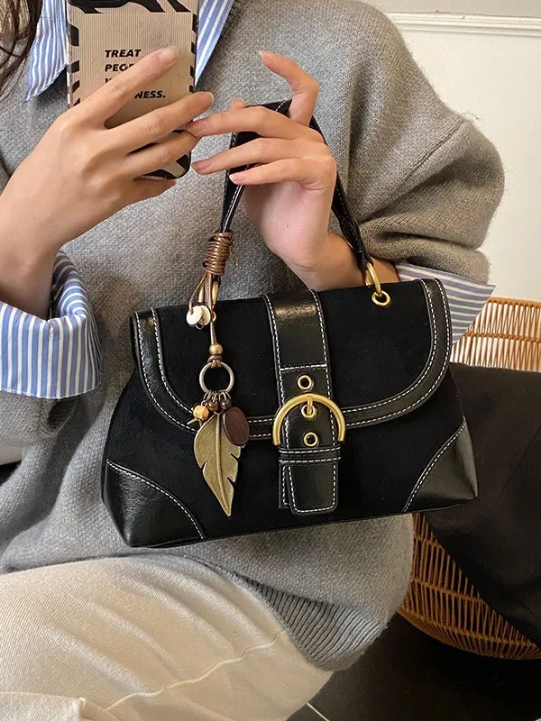 Vintage Suede PU Leather Patchwork Saddle Bag Gia Gynekes Casual Daily Crossbody Shoulder Handbag Fashion Purse