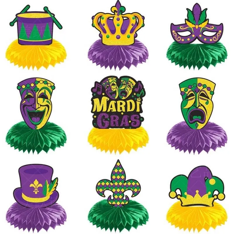 Mardi Gras Pièces Centrales en Nid d'Abeille Décorations de Table Fournitures de Fête de Carnaval Masque en Papier Couronne Tambour Ensemble de Décoration de Table