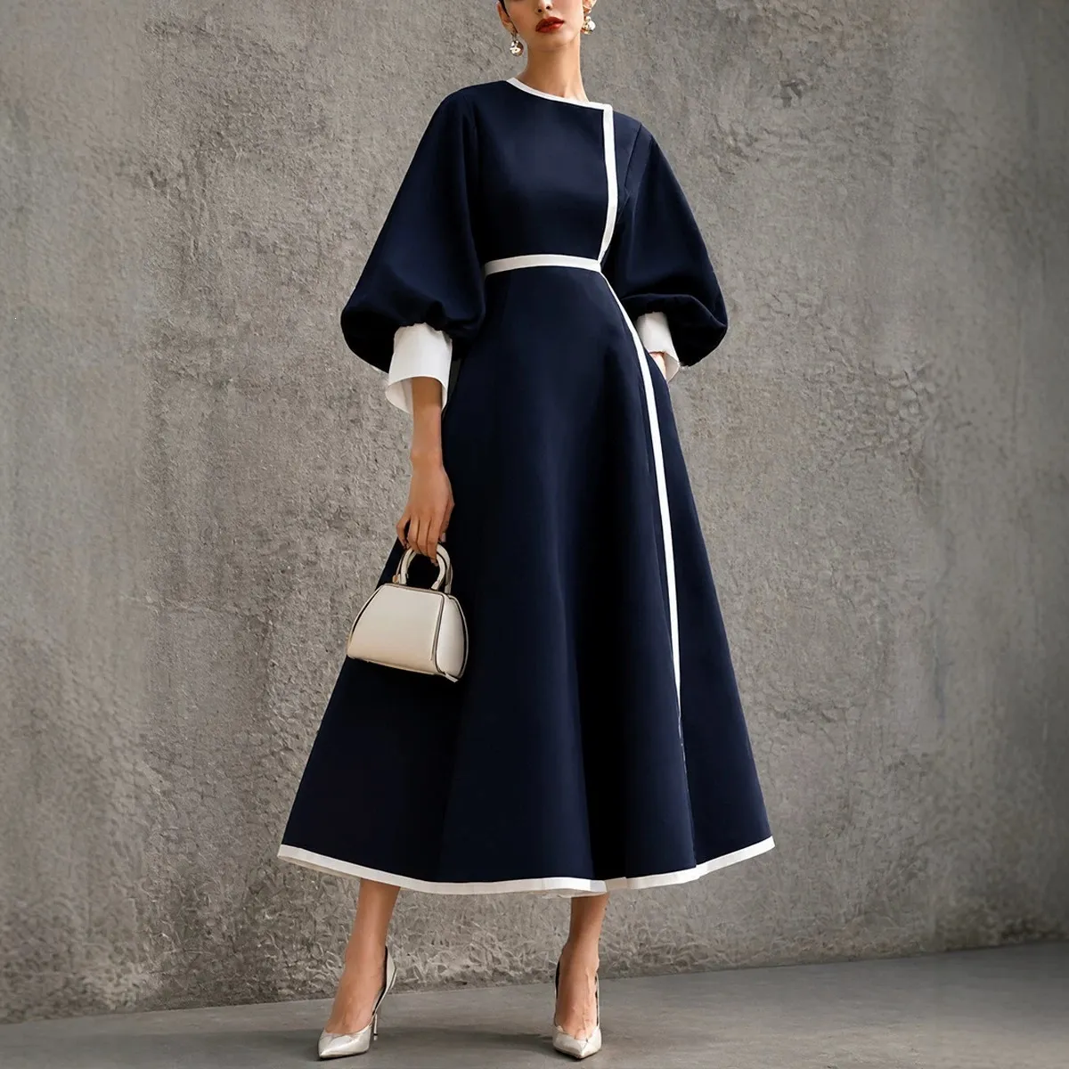 Women Elegant Patchwork Midi Dress Lantern Sleeve Slim Waist Round Neck Polyester Spandex Contrast Color Commuter Dress