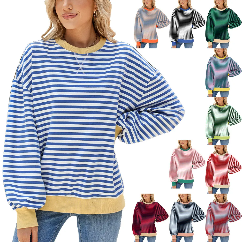 Damen Casual Gestreifter Rundhals Farbblock Langarm Lockeres Sweatshirt Herbst Pullover Top