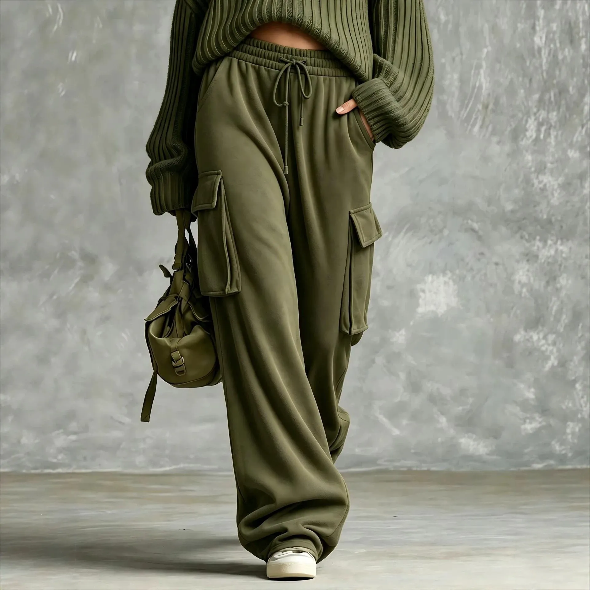 Women's Vintage Cargo Sweatpants Wide Leg Straight Drawstring High Waist Loose Fit Solid Color Outdoor Casual Long Pants