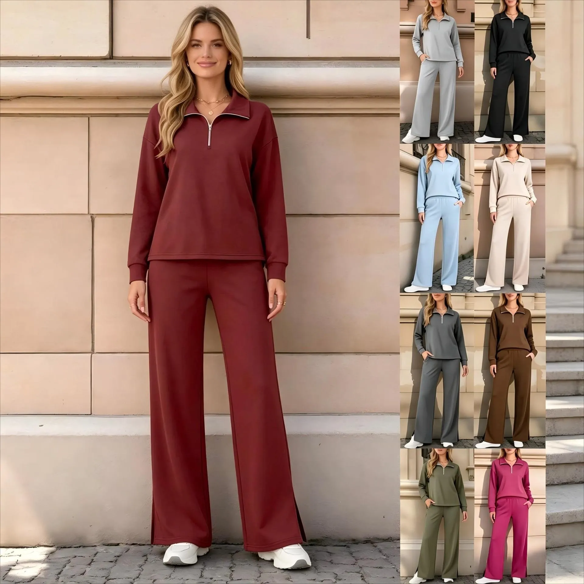 Women's Casual Knitted Two-Piece Set Lapel Half Zipper Long Sleeve Top And Wide Leg Pants Solid Color Lounge Wear