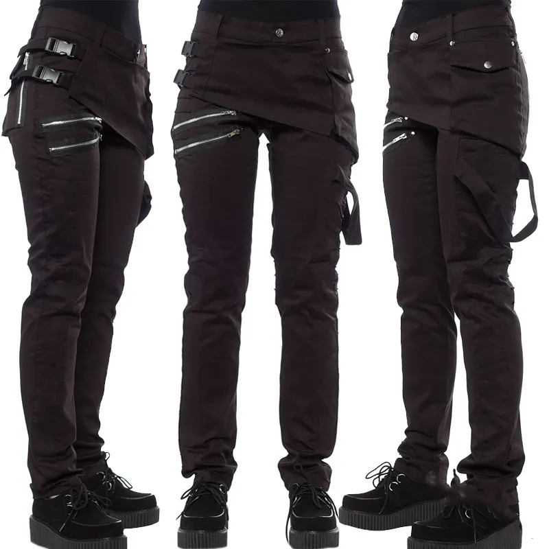 Women Techwear Punk Goth Cargo Pants Tapered Slim Fit Rivet Zipper Multi-Pocket Casual Trousers Streetwear Hip Hop Pants