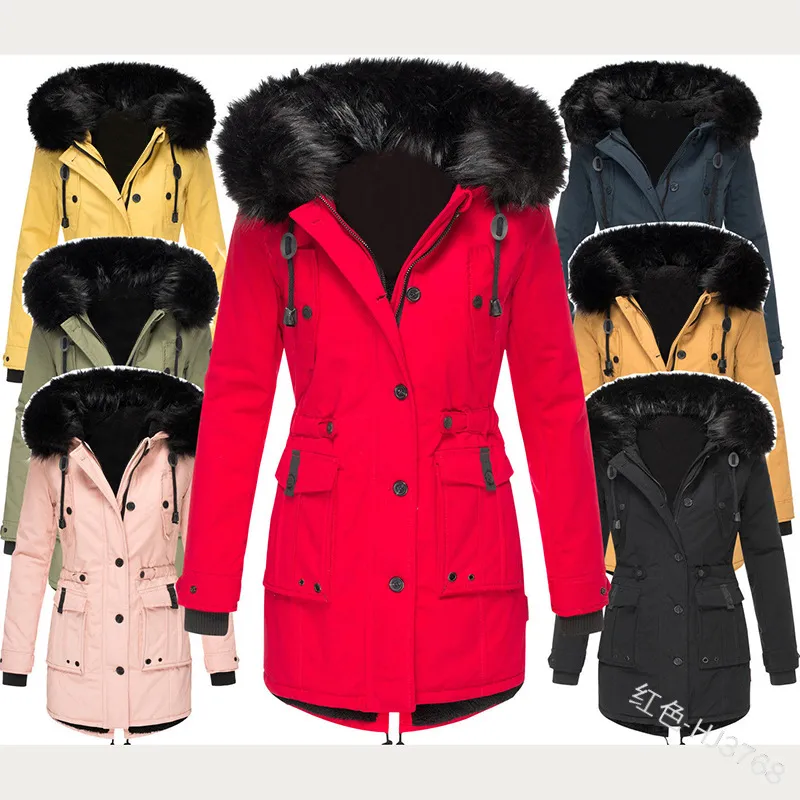 Women's Slim Fit Padded Parka Jacket With Large Fox Fur Collar Hooded Long Quilted Winter Coat For Outdoor Mountain Climbing
