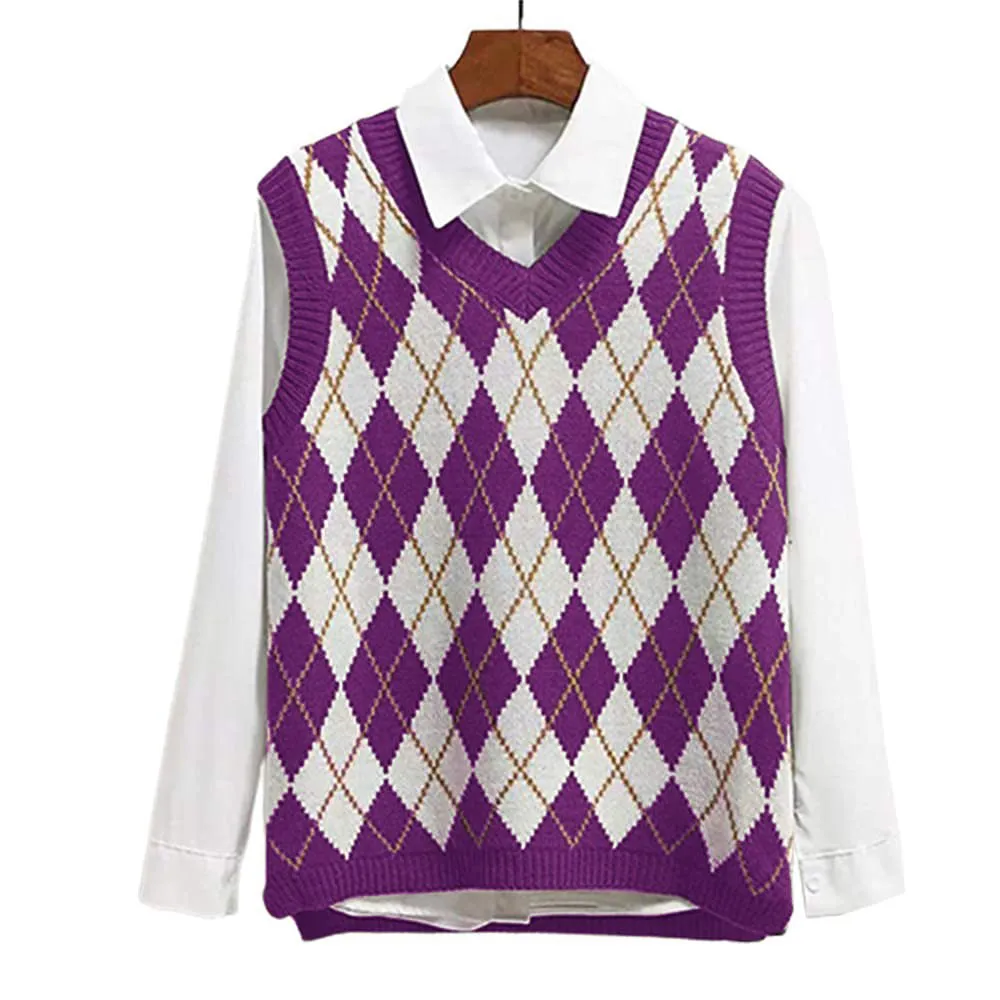 Chaleco de Punto Argyle para Mujer Suéter Cuello en V Sin Mangas Estilo Preppy Holgado Acrílico Color de Contraste
