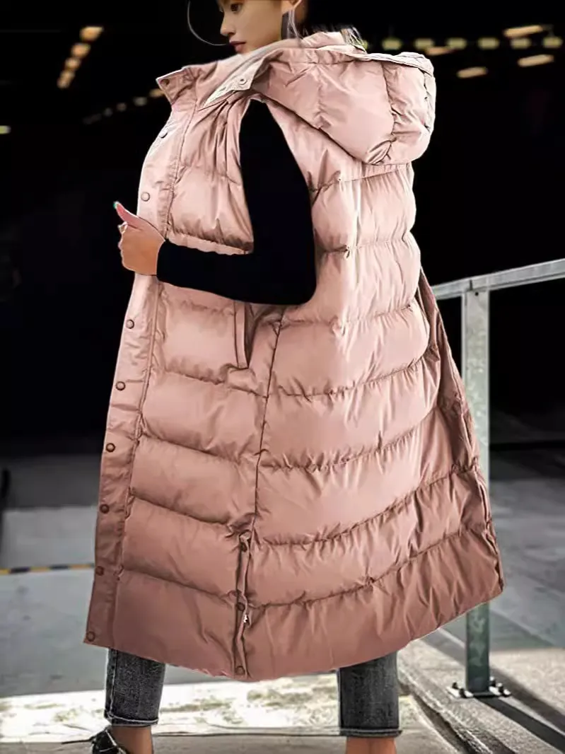 Women's Casual Extra Long Hooded Puffer Vest Sleeveless Quilted Padded Outerwear Coat with Zipper and Buttons Solid Color Warm Waistcoat for Autumn Winter