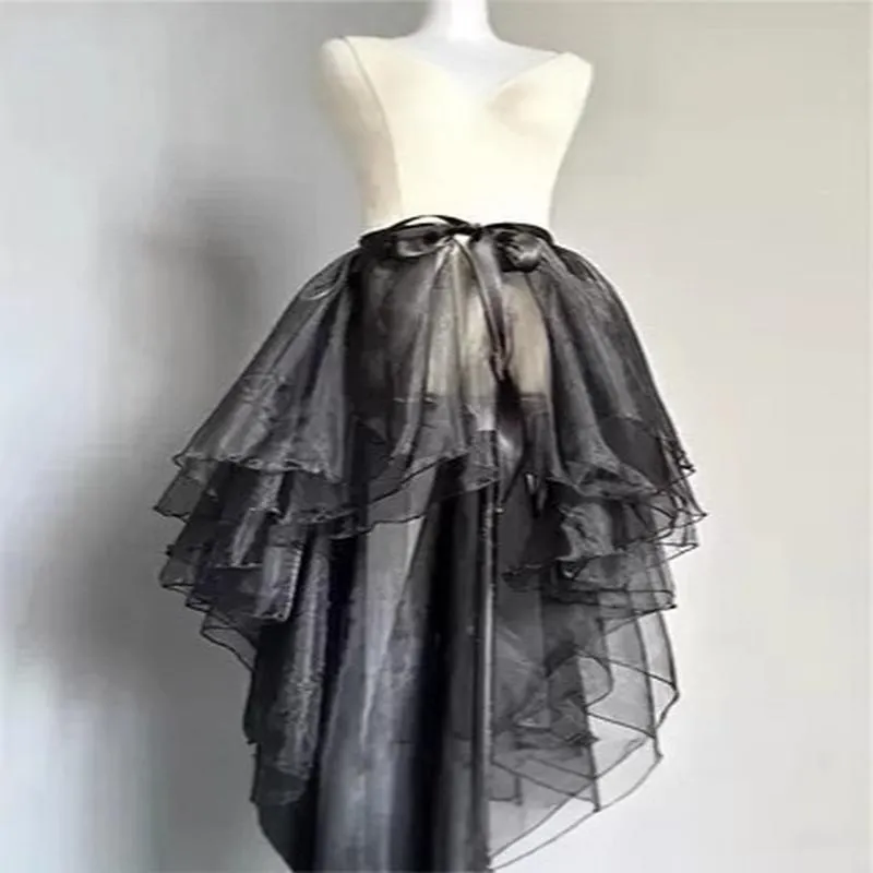 Women Ballet Mesh Wrap Skirt High-Low Irregular Hem Glassy Net Yarn Satin Ribbon Lace-Up Solid Color Elegant Flowy Skirt