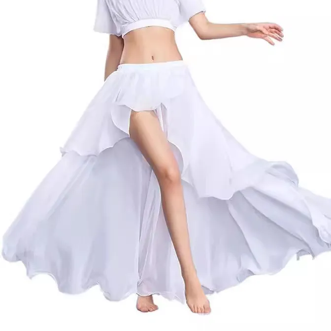Women Belly Dance Practice Skirt Irregular Crinkled Chiffon Maxi Skirt Ethnic Style Dance Wear For Beginners Elegant Long Skirt