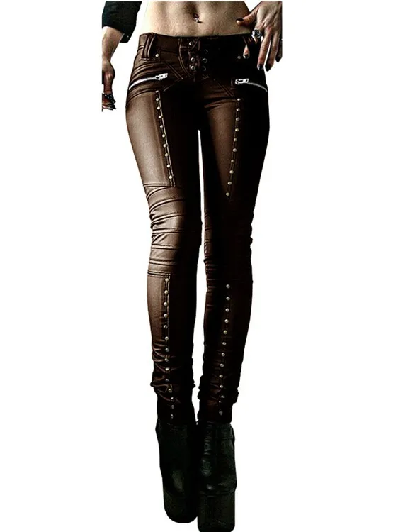Women Motorcycle Style Skinny PU Faux Leather Pants Rivet Patchwork Pleated Zipper Pocket Biker Trousers Streetwear Bottom