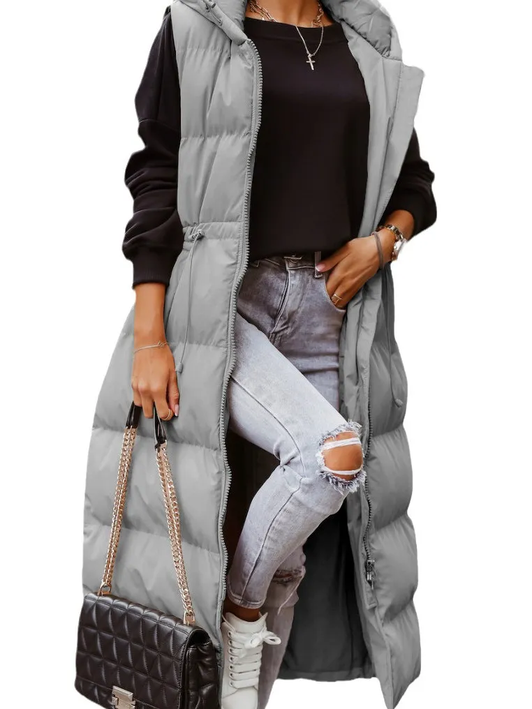 Women Hooded Long Padded Vest Slim Fit Quilted Gilet Jacket With Drawstring Waist Zipper Pockets Solid Color Winter Vest Top