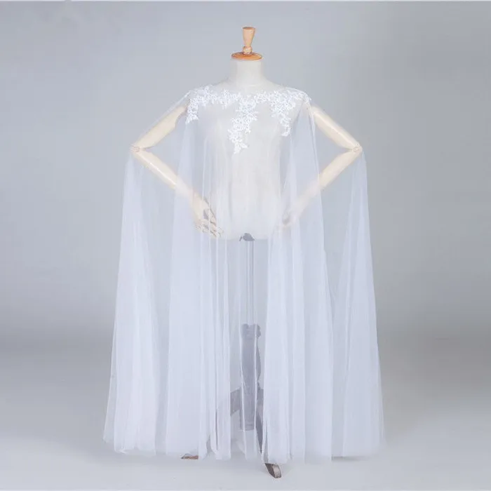 Women Elegant Tulle Lace Applique Long Cape Cloak Ivory White Pullover Loose Maxi Wedding Bridal Performance Accessories