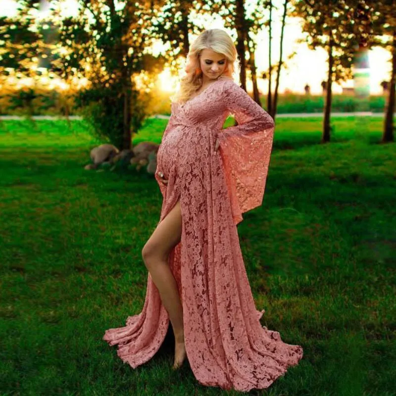 Women's Long Lace Maternity Dress Deep V Neck Flare Sleeve Mesh Trailing Gown Elegant Pregnancy Photography Party Dress