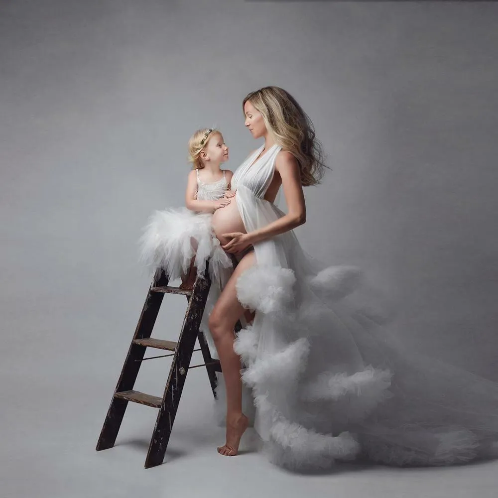 Women Maternity Photography Tulle Robe Mesh Cake Dress V Neck Ruffle Long Sleeve Polyester Pregnant Photo Gown