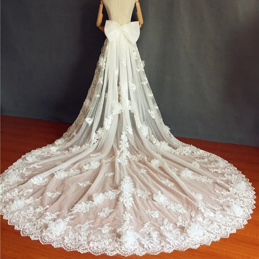 Detachable Wedding Train Accessory White Ivory Mesh Lace Applique Bow 3D Flower Petals Bridal Skirt Long Train For Women
