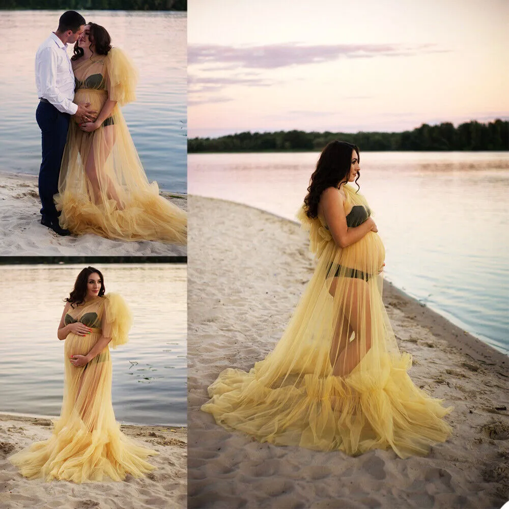 Women's Elegant Mesh Stitching Maternity Maxi Dress One Shoulder Ruffle Trim Tulle Gown With Long Train For Photoshoot