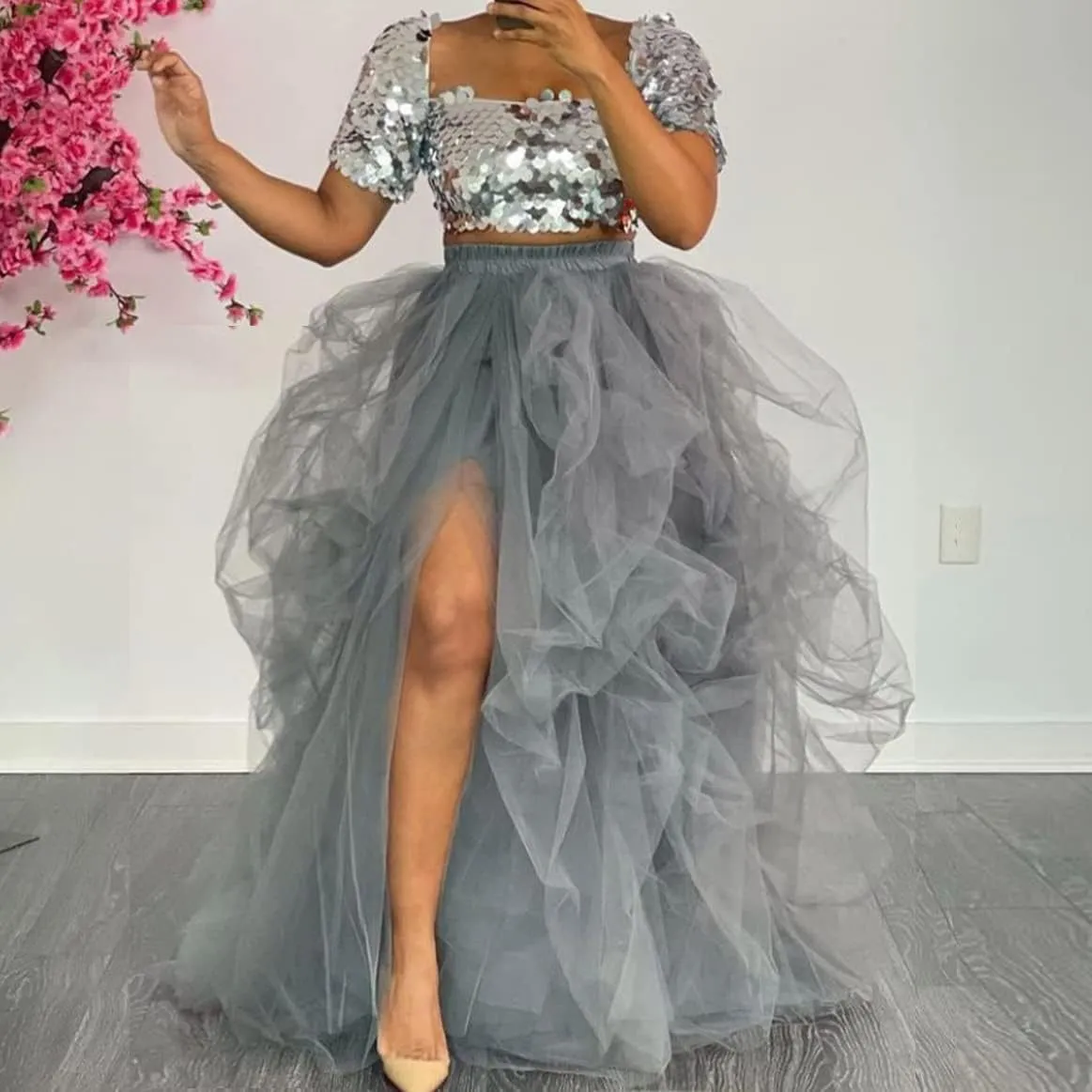 Falda Larga de Tul de Malla Elástica de Cintura Alta para Mujer Elegante Falda de Tutú con Abertura Frontal para Fiesta de Gala