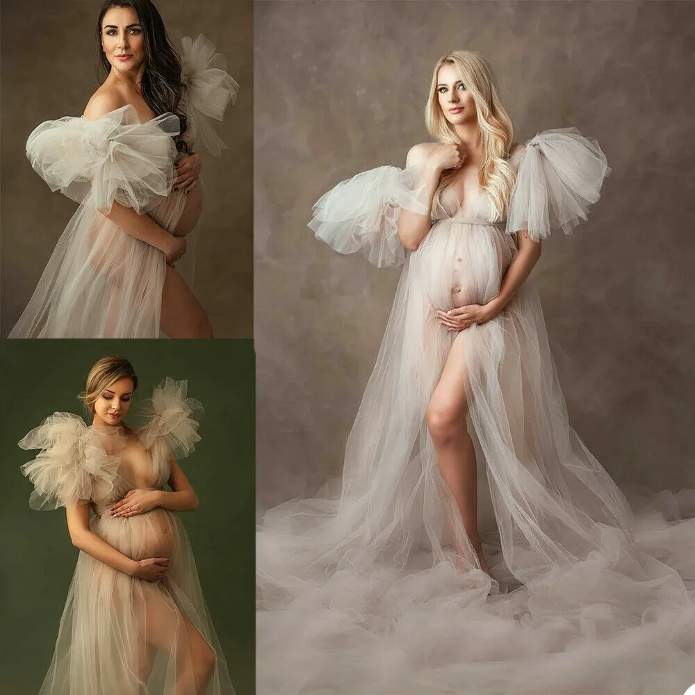Maternity Trailing Mesh Dress Sexy Puffy Sleeve V Neck White Ivory Robe For Photography Studio Women Pregnancy Gown