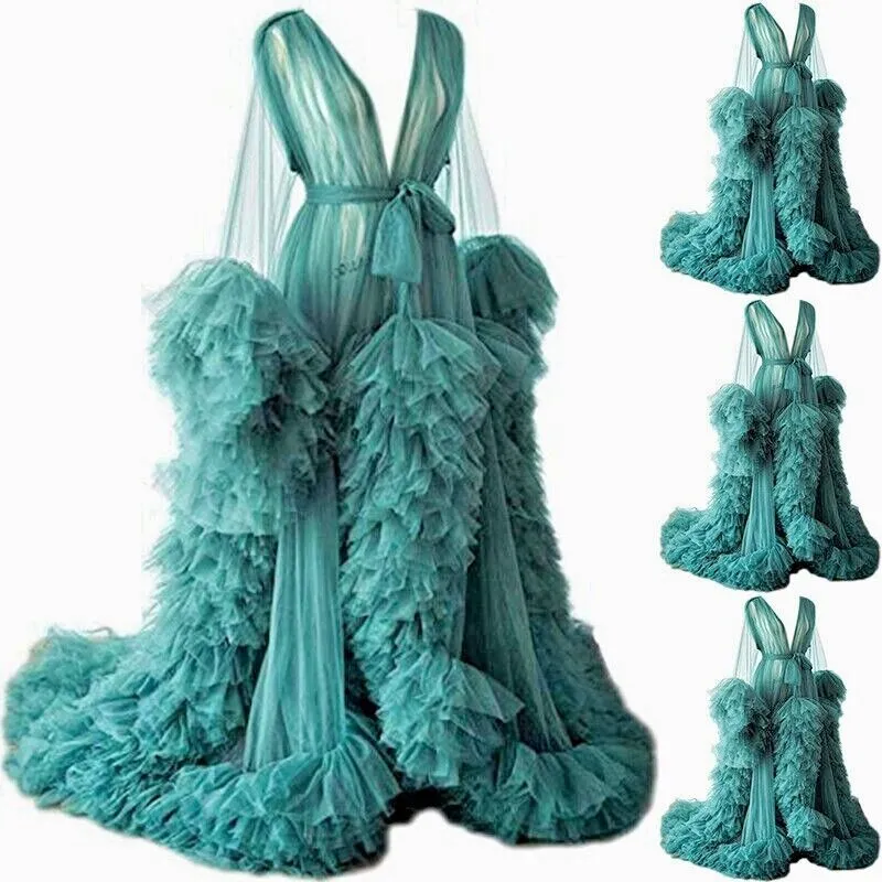 Women's Luxurious Mesh Robe For Wedding V-Neck Long Sleeve Multi-Layer Ruffles Trailing Maternity Gown Photography Dress