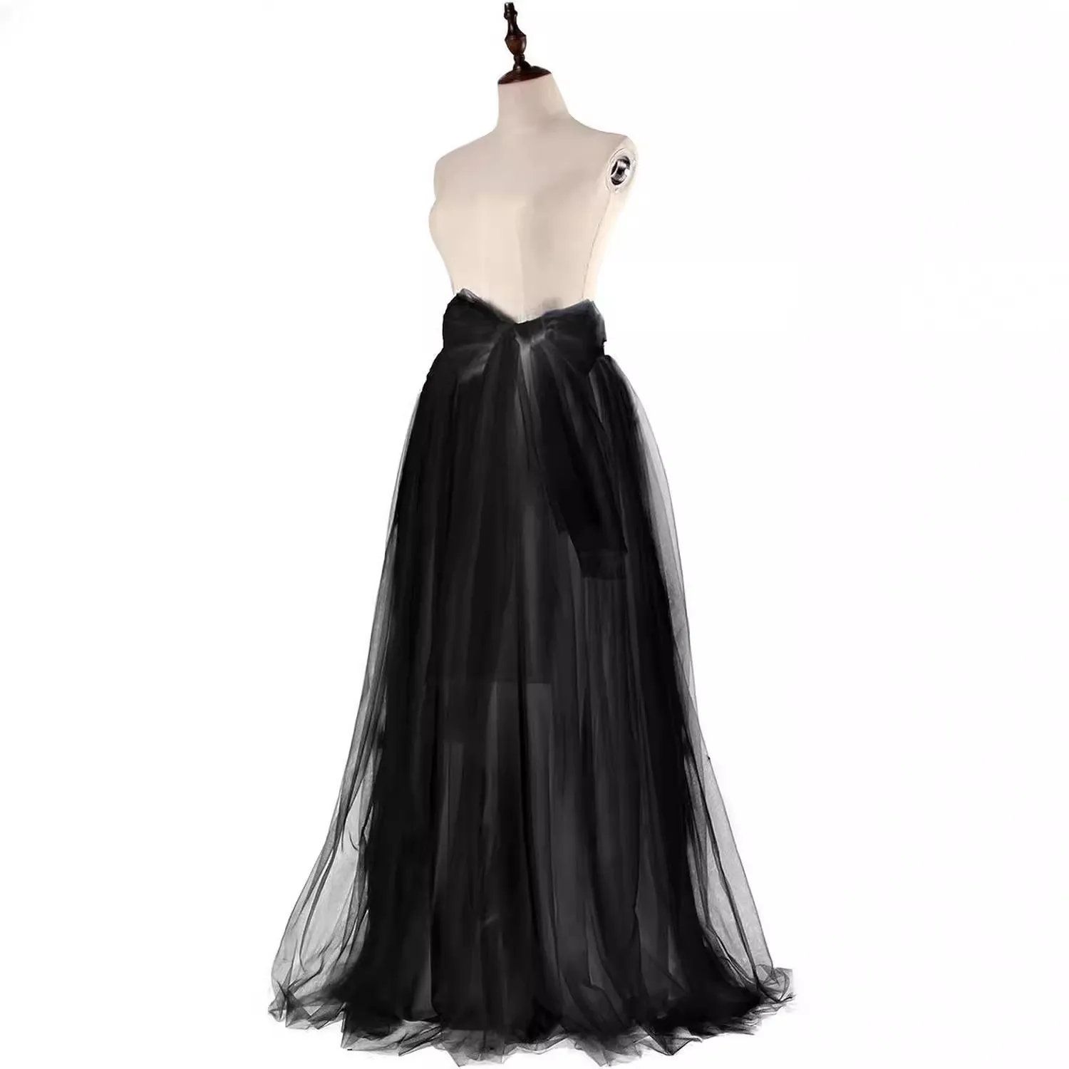 Women Princess Tulle Maxi Skirt Elegant Bow Tie High Waist Mesh Puffy A-Line Skirt For Stage Performance Photo Shoot Long Skirt