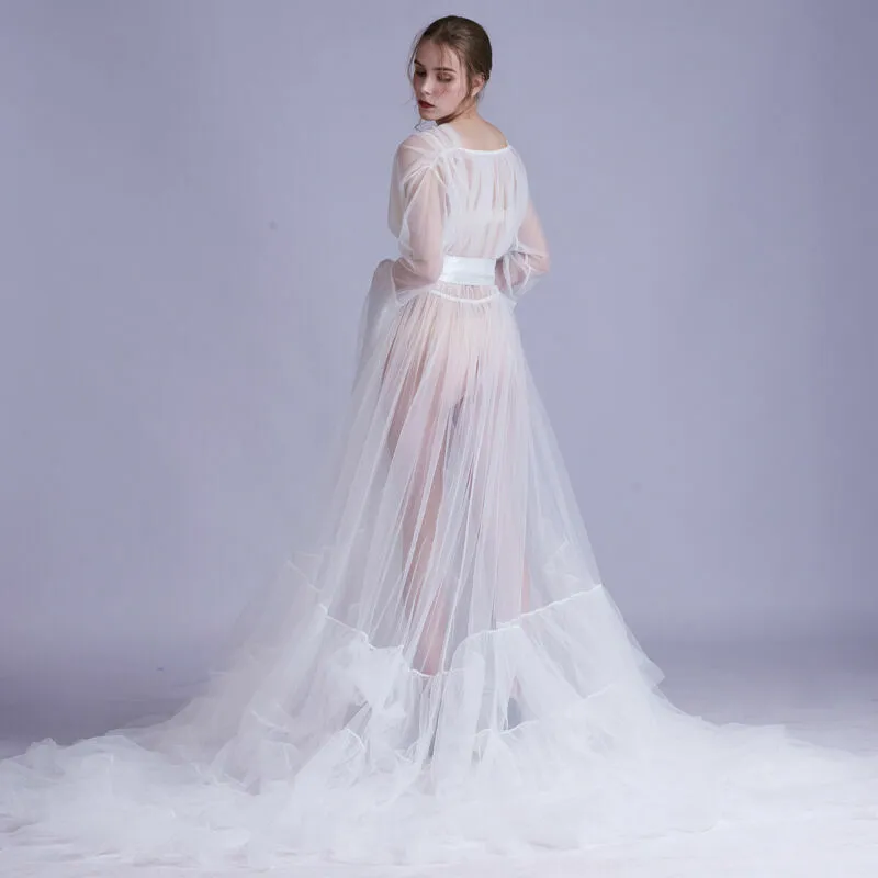 Vestaglia da Sposa Sexy in Rete e Raso Vestaglia Lunga con Strascico in Tulle Cintura con Fiocco Scollo a V Camicia da Notte per Servizio Fotografico di Matrimonio