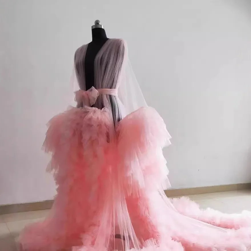 Damen Netzgaze Maxi Kleid Schwere Handwerkskunst Rüschen Lange Schleppe Abendkleid Hochzeitsrobe Umstandsfotografie Kleid