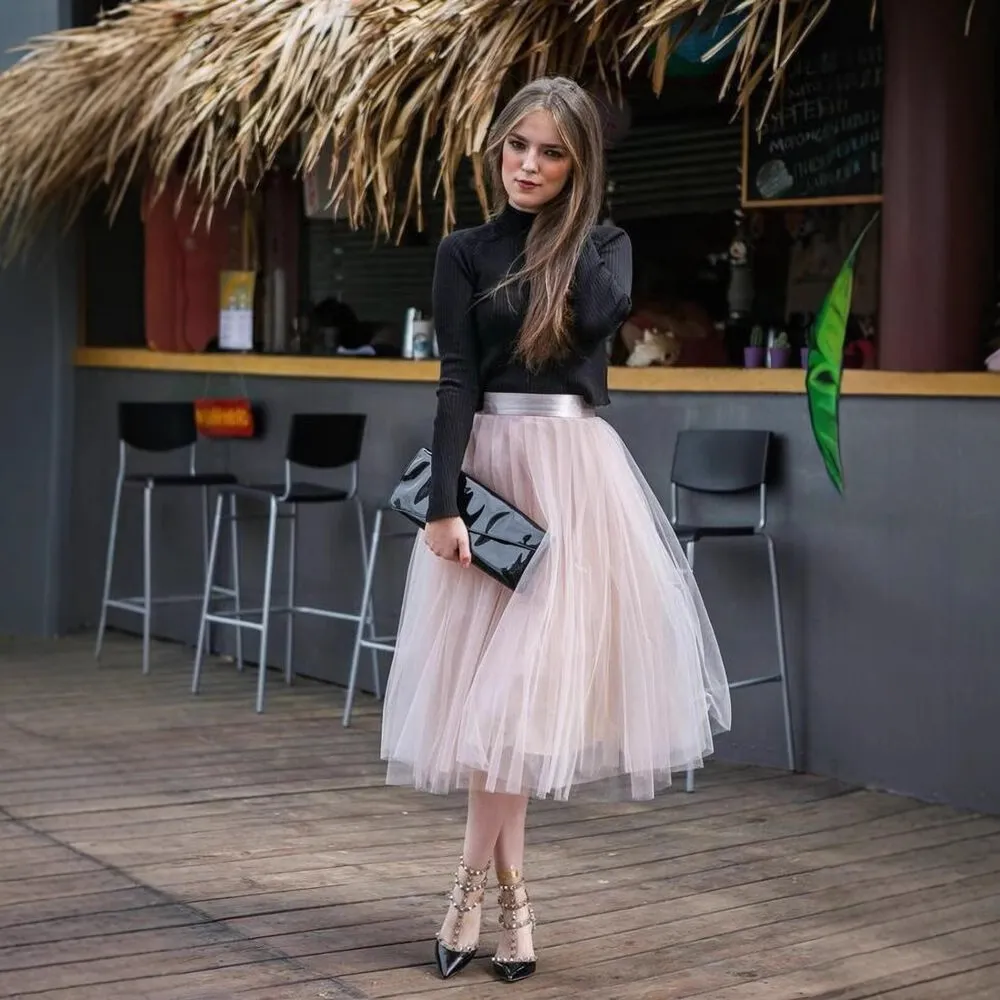 Women High Waist Tulle Pleated Midi Skirt Layered Mesh Tutu Skirt A-Line Elegant Solid Color Sweet Style Ladies Bottom