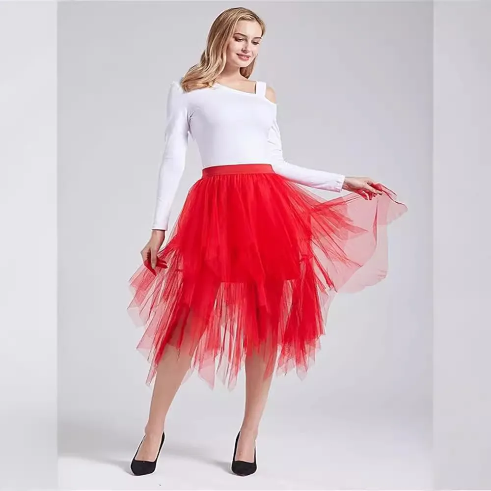 Dames Onregelmatige Gaas A-Lijn Rok Hoge Taille Gelaagde Tule Midi Rok Effen Kleur Polyester Veelzijdige Elegante Onderkant