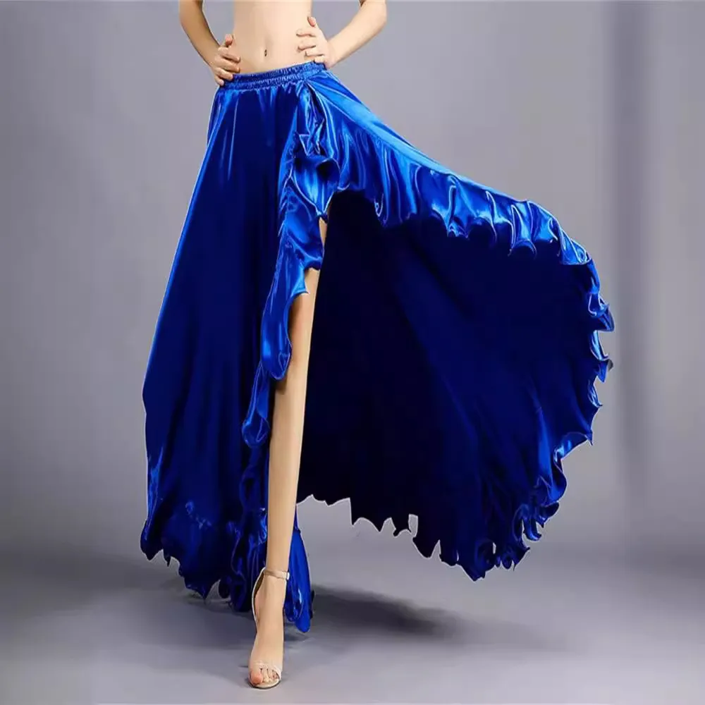 Women Elegant Satin Dance Split Long Skirt Ruffle High Waisted Irregular Hem Folk Fairy Performance Dancewear Ethnic Bottoms