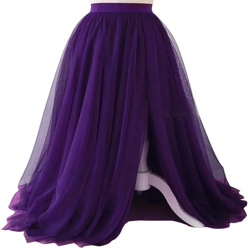 Elegant Women's Polyester Tulle Front Split Maxi Skirt High Waist Layered Mesh Wedding Party Bridal Skirt Apparel