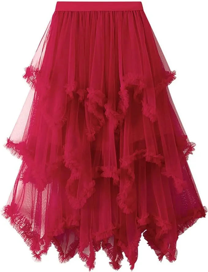 Dames Onregelmatige Mesh Tule Midi-rok Zoete Gelaagde Ruche Tuturok Hoge Taille Effen Kleur Casual Feeënrok