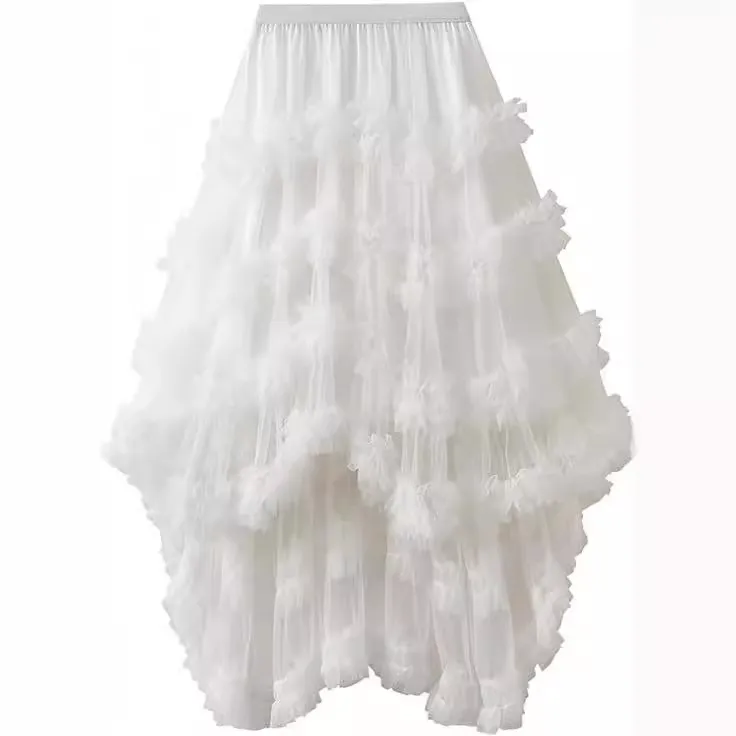 Women Tiered Mesh Cake Skirt Elegant High Waist Ruffled Tulle Maxi Skirt Fluffy Party Photography Dress Prom Skirt